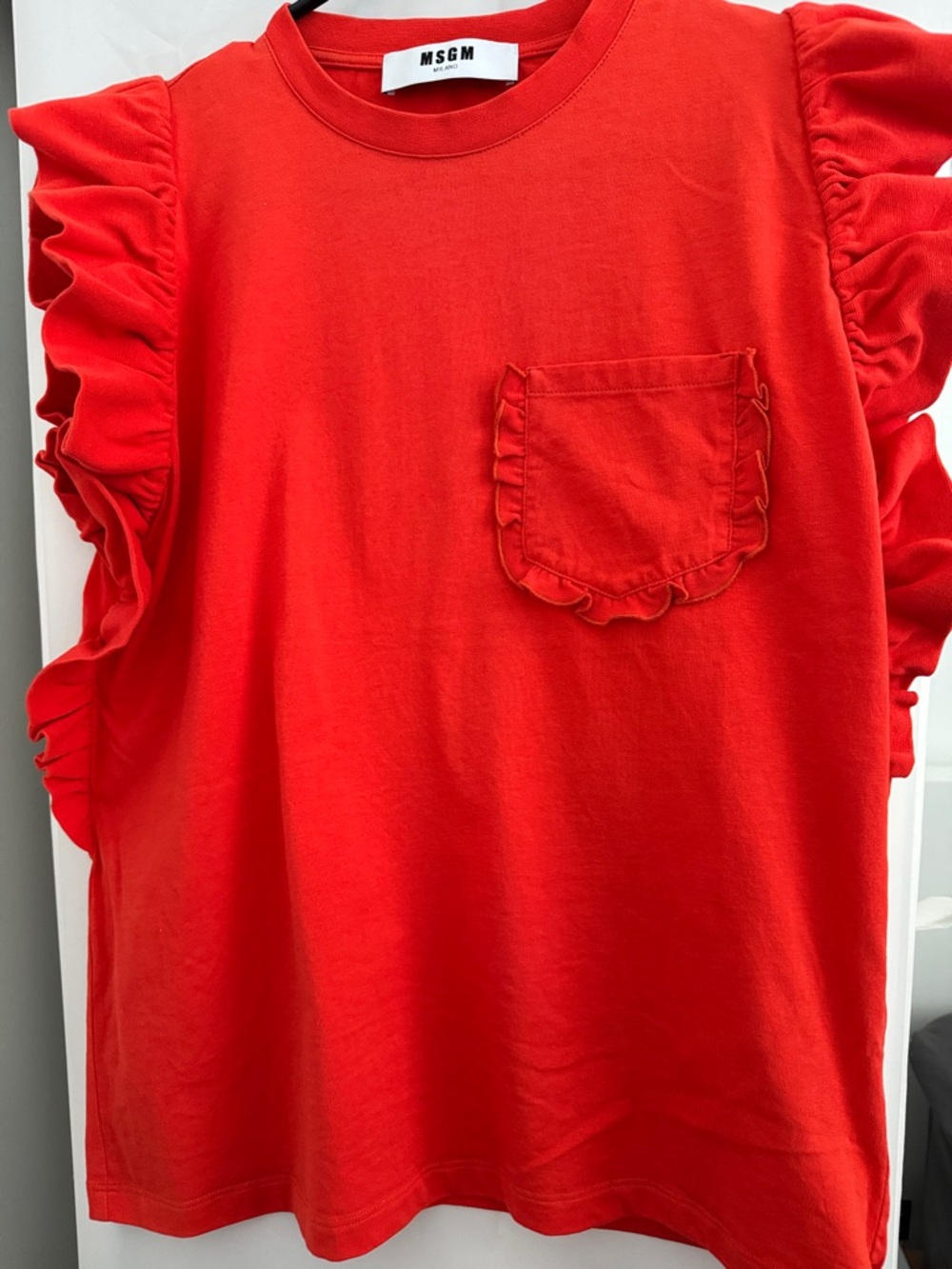MSGM Vibrant Red Ruffle-Sleeve Pocket Tee